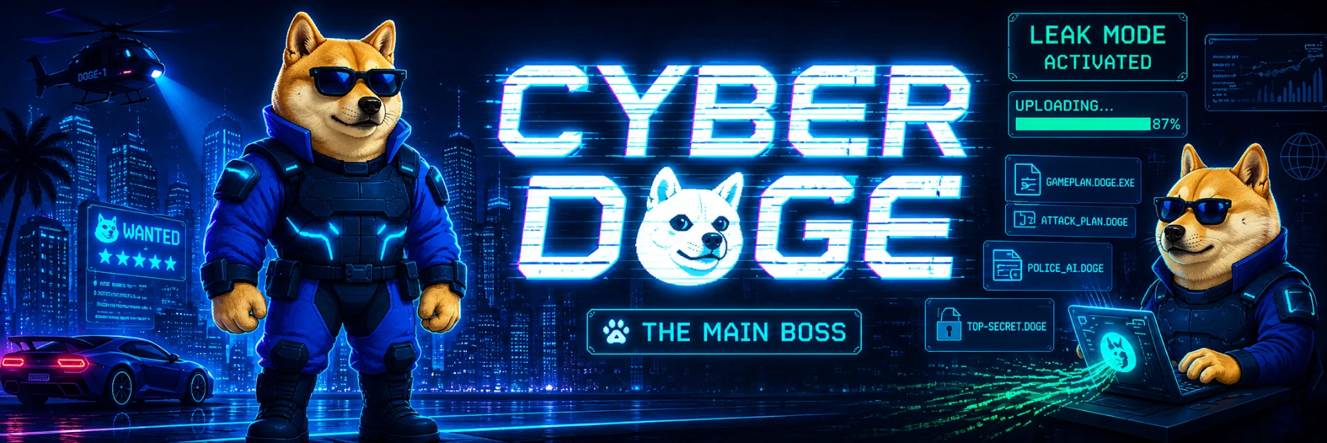 Cyber Doge network banner with neon city