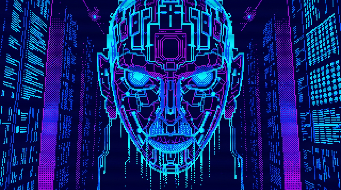 The Algorithm, a giant glowing digital face