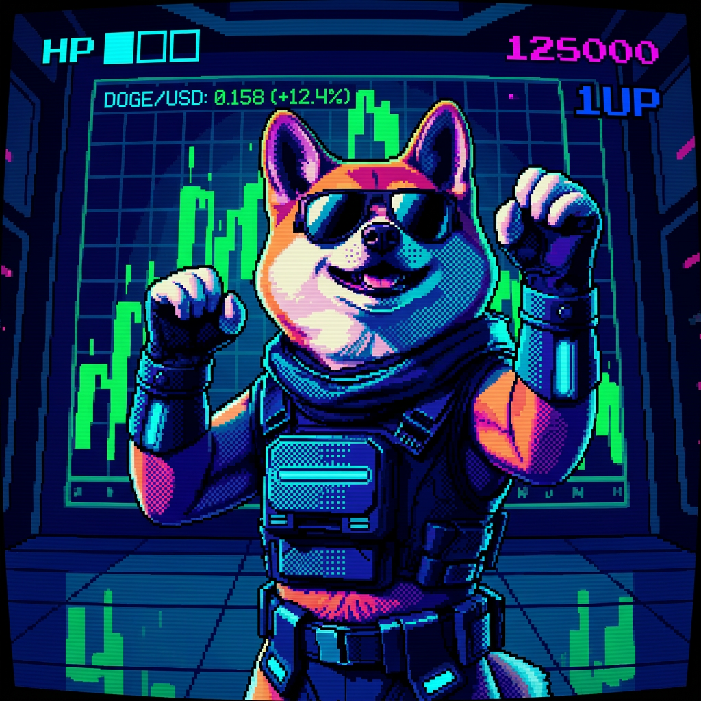 Cyber Doge celebrating in front of green candles