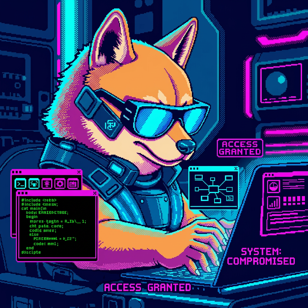 Cyber Doge typing on a holographic laptop inside his command center